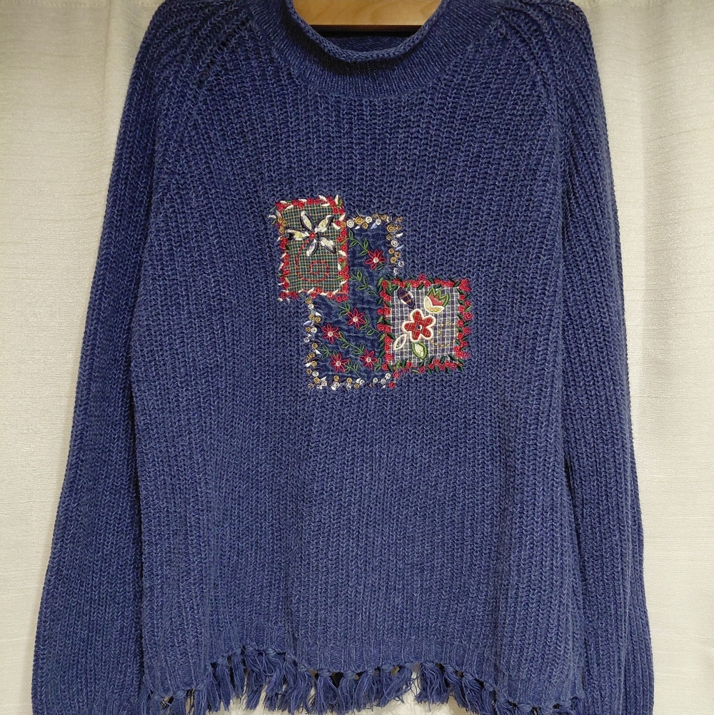Vintage 90s Koret Navy Blue Knit Crewneck Sweater with Embroidered Patchwork
